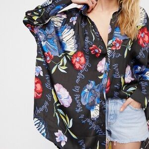 Free People S oversized! Button-Down Shirt with Multicolor Floral & Bird Print